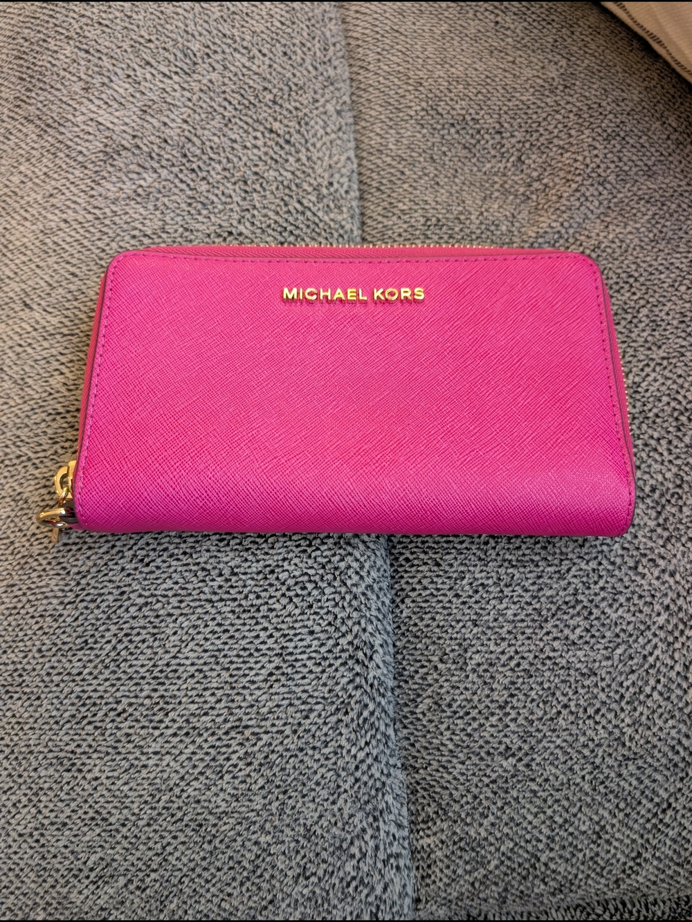 Michael Kors Hot Pink Saffiano Zip-Around Wallet with Gold Logo